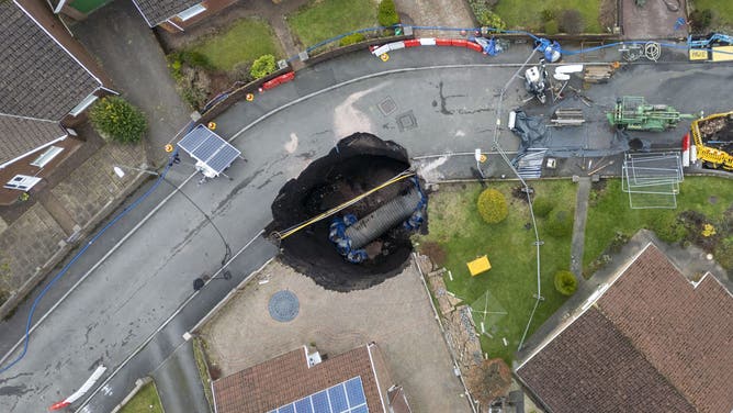 An aerial view of the sinkhole at Nant Morlais on December 11, 2024 in Merthyr Tydfil, Wales.