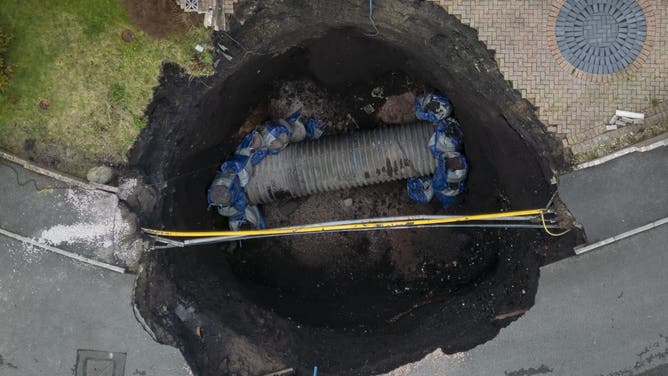 An close-up aerial view of the sinkhole at Nant Morlais on December 11, 2024 in Merthyr Tydfil, Wales.