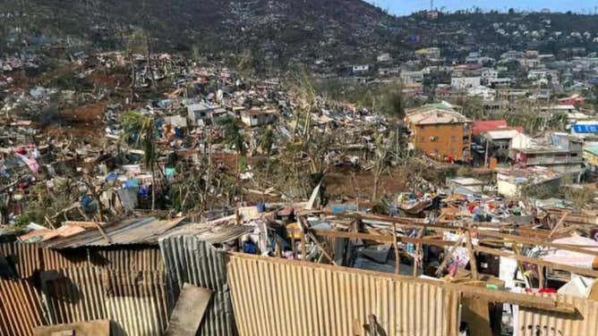 This photograph shows destroyed building after the cyclone Chido hit France's Indian Ocean territory of Mayotte, on December 14, 2024 in the capital Mamoudzou.