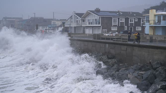 A view of big waves in Pacific Ocean at Municipal Pier of Pacifica, California, United States on December 22, 2024 as coastal flood and high surf warning issued in San Francisco, Coastal North Bay Including Point Reyes National Seashore, San Francisco Peninsula Coast, Northern Monterey Bay and Southern Monterey Bay and Big Sur Coast Counties. 