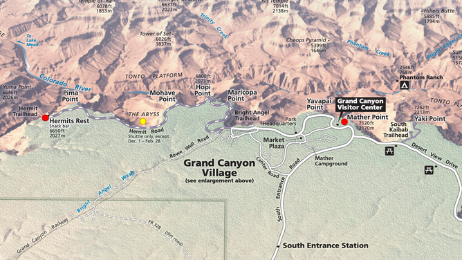 Map of South Rim. Red dots indicate Hermits Rest (left) and Mather Point (right). Yellow dot indicates location of The Abyss, where Overholser's phone was located.