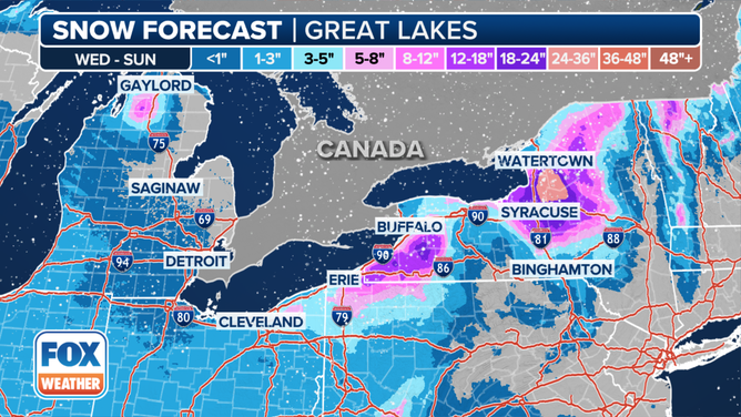 This graphic shows the forecast snow totals through Sunday, Jan, 5, 2025.