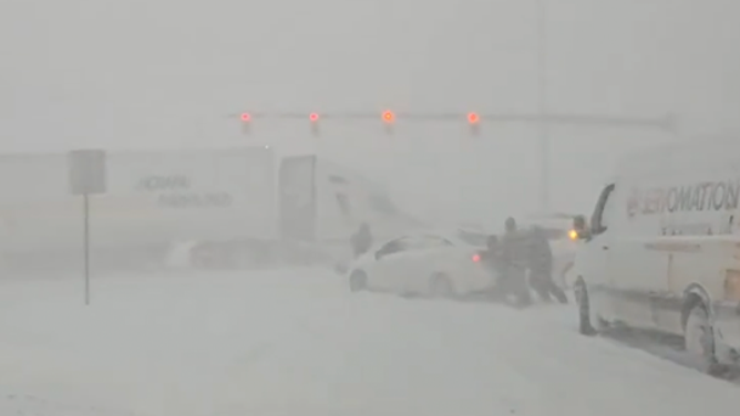 This image shows chaos on the roads in Hamburg, New York, as a lake-effect snowstorm pounds the region on Dec. 12, 2024.
