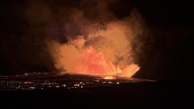 This photograph, taken at approximately 4:00 a.m. HST from the Volcano House overlook in Hawaiʻi Volcanoes National Park, shows the new eruption within Kaluapele (the summit caldera). The eruption started this morning at 2:20 a.m HST, following a brief but intense increase in earthquake activity and ground deformation patterns approximately a half an hour before the eruption started.