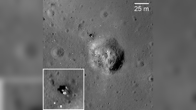 The northwestern rim of a 64 m diameter impact crater, on the volcanic plains of Mare Crisium. Enlargement of a Soviet lander at lower left.