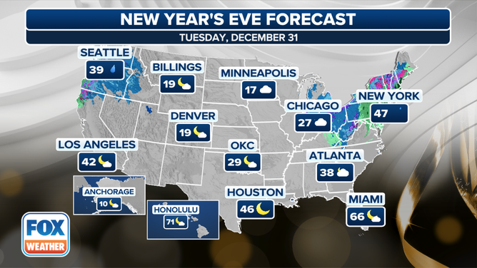 This graphic shows the New Year's Eve forecast on Tuesday, Dec. 31, 2024.