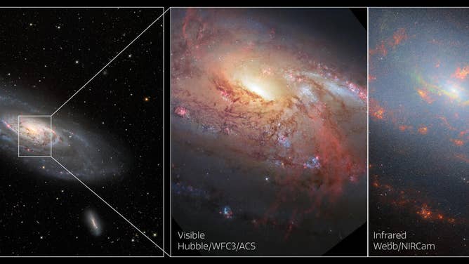 このコラージュには、NGC 4258 としても知られるメシエ 106 の 3 つの画像が含まれています。最初の 2 つの画像は、CPNO と NASA/ESA ハッブル宇宙望遠鏡によって観測された可視光でのターゲットを示しています。右側の画像は、NASA/ESA/CSA ジェームズ ウェッブ宇宙望遠鏡によって撮影された新しい赤外線画像です。これは、約 2,300 万光年離れた、はなび座の中にある近くの渦巻銀河であり、宇宙の基準からすれば事実上隣人です。メシエ 106 は、最も明るく、私たちの銀河に最も近い渦巻銀河の 1 つであり、1981 年と 2014 年に 2 つの超新星が発生しています。