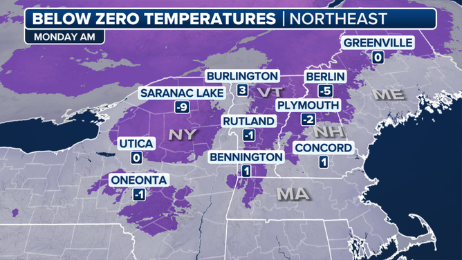 A look at below-zero temperatures in the Northeast on Monday morning.