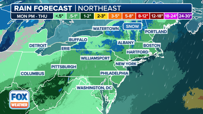 This graphic shows the rain and snow forecast in the mid-Atlantic and Northeast this week.