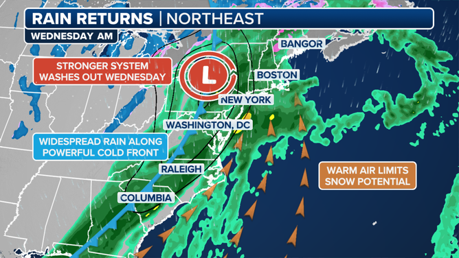 This graphic shows rounds of heavy rain pushing into the Northeast and along the Interstate 95 corridor by Wednesday, putting millions at risk of seeing flooding.