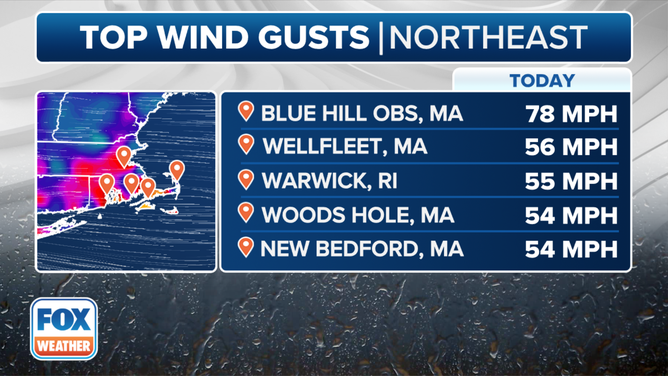 This graphic shows the top wind gusts in the Northeast.