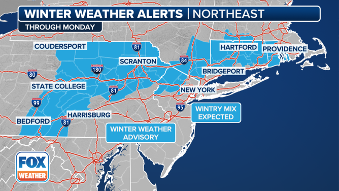 This graphic shows the winter weather alerts in effect on Monday, Dec. 16, 2024.