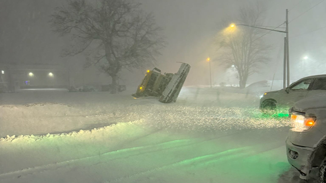 This photo shows a snow plow that went off the road in the Hamburg/Evans area of ​​New York on Thursday, December 12, 2024.