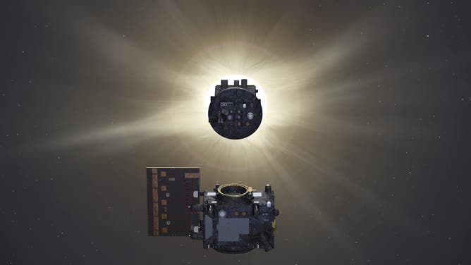 The two spacecraft of Proba-3 fly in precise formation about 150 m apart to form an external coronagraph in space, one spacecraft eclipsing the Sun to allow the second to study the otherwise invisible solar corona.