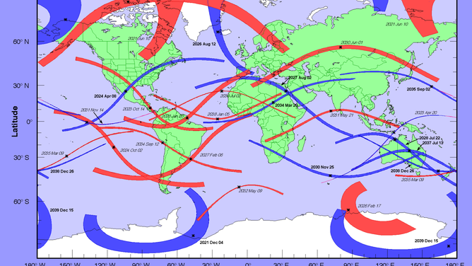 Map of solar eclipses from 2021-2040.