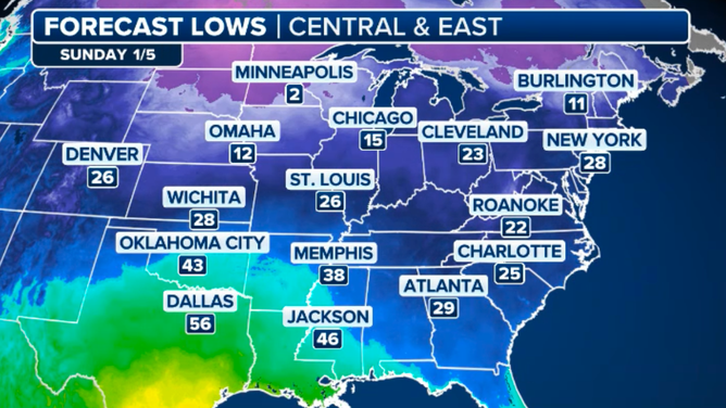 Sunday's forecast low temperatures.