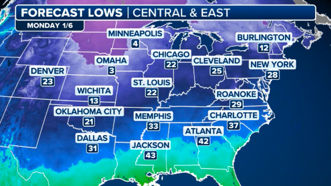 Monday's forecast low temperatures.