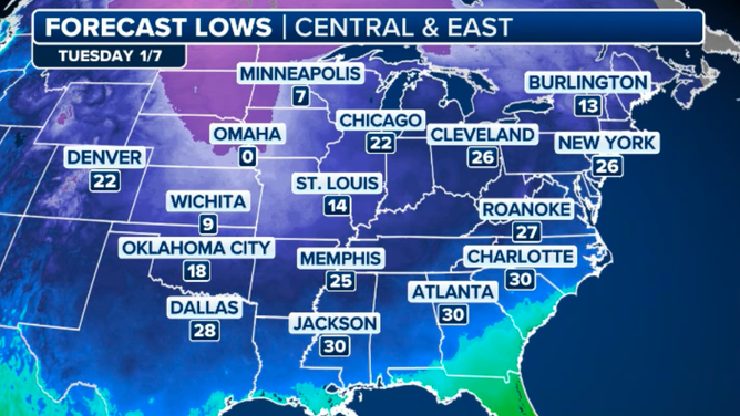 Tuesday's forecast low temperatures.
