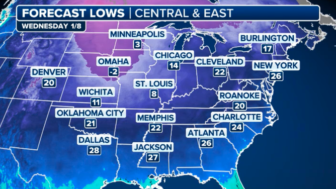 Wednesday's forecast low temperatures.