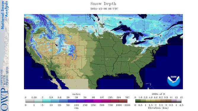 2024 年 12 月 6 日現在の米国の積雪量