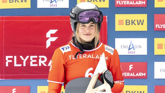 Sophie Hediger takes 2nd place during the FIS Snowboard Cross World Cup Men's and Women's Snowboard Cross on January 26, 2024, in St Moritz, Switzerland.