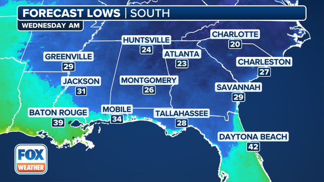 This graphic shows the forecast low temperatures on Wednesday, Dec. 4, 2024.