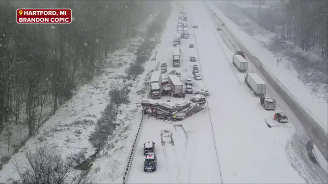 A photo showing the pileup crash in Michigan on I-94 near Hartford on Dec. 2, 2024 during a lake-effect snow event.