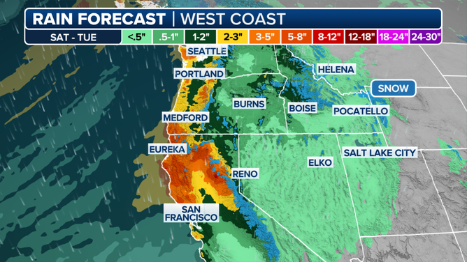 A look at the rain forecast along the West Coast through Tuesday.