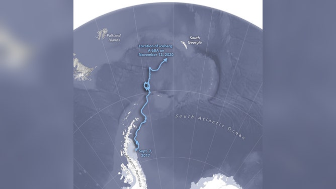 Map for path of A-68A in 2020.