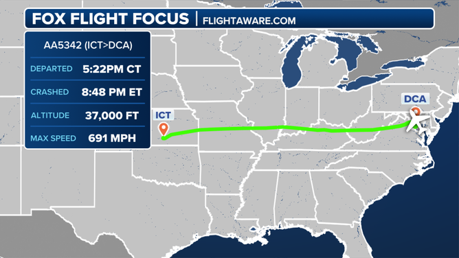 A PSA Airlines Bombardier CRJ700 regional jet collided in midair with a Sikorsky H-60 helicopter while on approach to Runway 33 at Reagan Washington National Airport around 9 p.m. local time. PSA was operating as Flight 5342 for American Airlines. It departed from Wichita, Kansas.