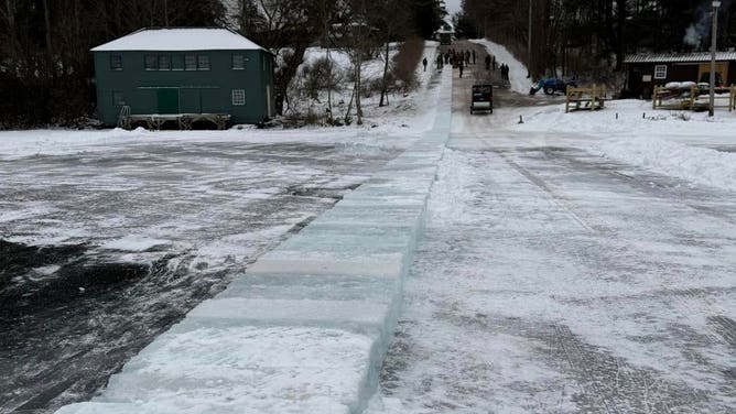 The ice blocks laid to create the toboggan.