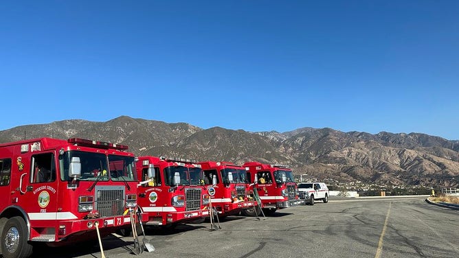 Firefighting staging behind NASA's Jet Propulsion Laboratory in California during the January 2025 Los Angeles fires.