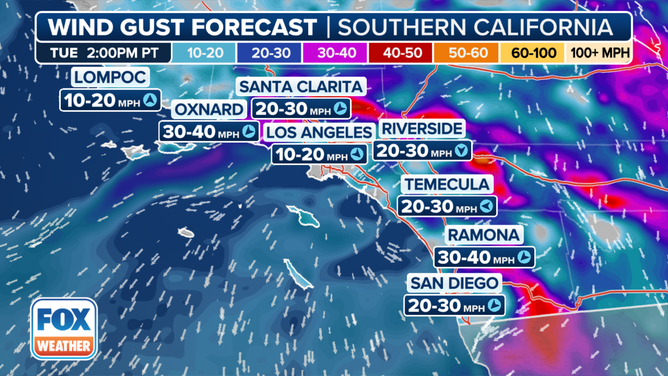 This graphic shows the wind gust forecast in Southern California on Tuesday, Jan. 14, 2025.