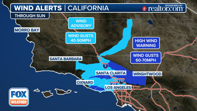 This graphic shows the wind alerts in effect in Southern California.