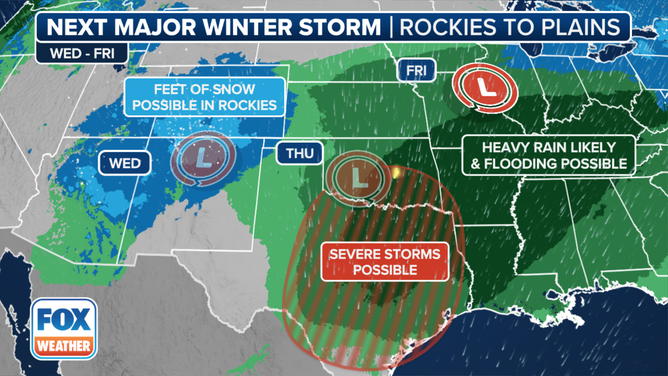 This graphic shows the latest on our next major winter storm set to sweep across the U.S. this week.