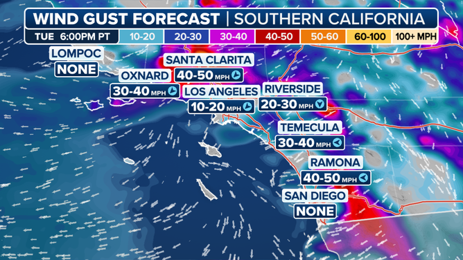 Southern California Relative Wind Gust Forecast for Tuesday.