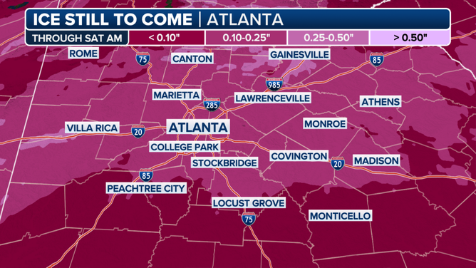 The ice forecast for the Atlanta, Geogia, area.