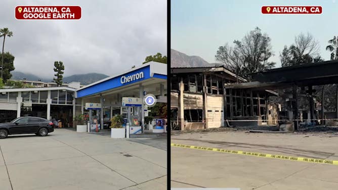 Before-and-after of gas station in wildfire.