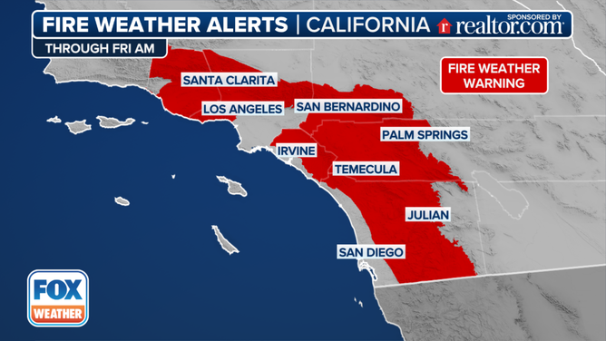 This graphic shows Fire Weather Warnings in effect in Southern California.