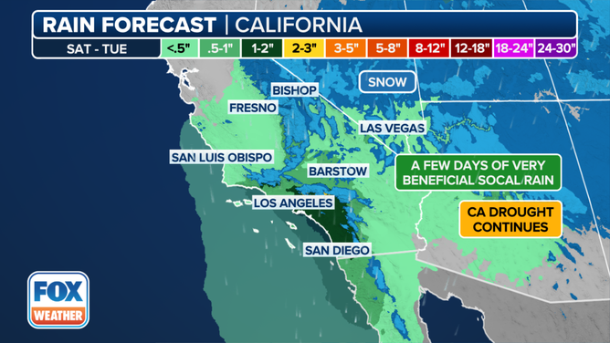 This graphic shows rain and mountain snow on the way to California this weekend.