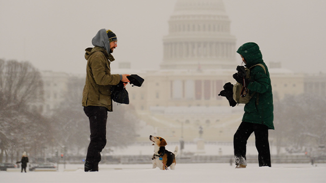 この写真は、2025 年 1 月 6 日月曜日、冬の嵐のさなかにワシントン D.C. で雪を楽しむ 2 人と 1 匹の犬です。