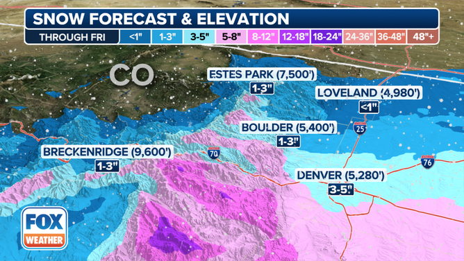 This graphic shows the forecast snow totals in the Denver area.