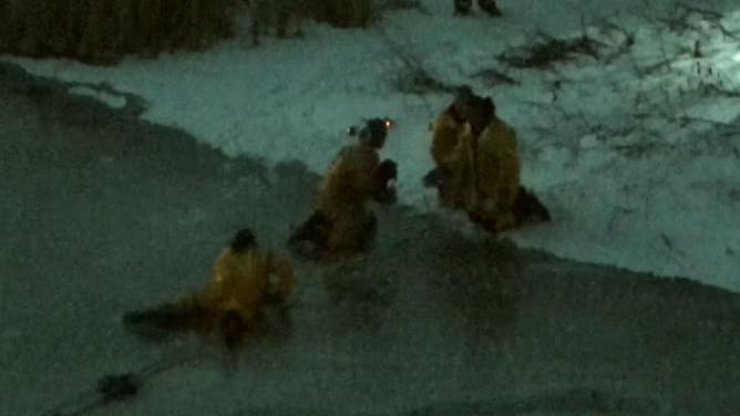 Tommy the dog carried to shore by firefighters after being pulled from the icy water.