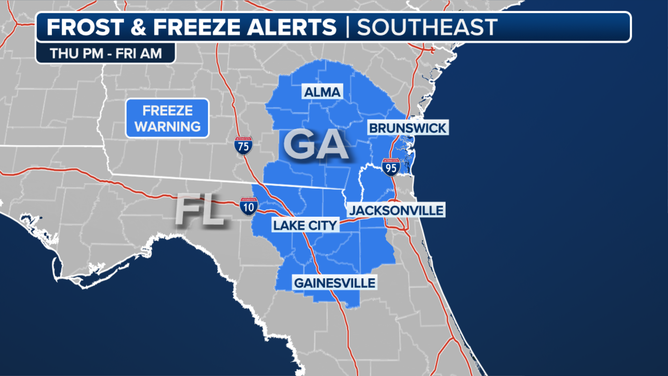 This graphic shows freeze alerts in effect through Friday morning.