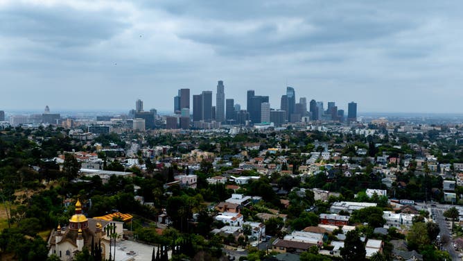 May gray skies loom over the Los Angeles basin in a view from Echo Park toward downtown Los Angeles