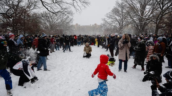 WASHINGTON, DC - JANUARY 6: People participate in the Great Meridian Chill Battle, an annual snowball fight, at Meridian Hill Park following a snowstorm on January 6, 2025 in Washington, DC. This snowball fight marks the 15th season of the event, organized by the Washington DC Snowball Fight Association.