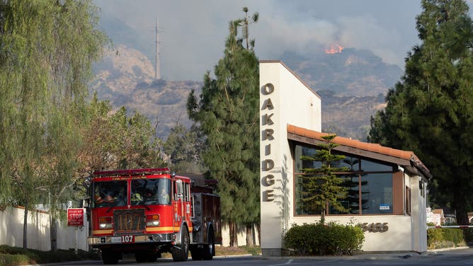 SYLMAR, CA - JANUARY 08: The Hurst fire burns in the hills above the Oakridge residential community in Sylmar, CA on Wednesday, Jan. 8, 2025