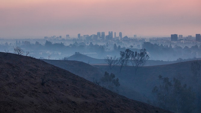 2025年1月9日、カリフォルニア州ロサンゼルスのパシフィック・パリセーズ地区で、ウィル・ロジャース州立公園から焼けた木々やパリセーズ山火事の煙が遠くにロサンゼルス市を望む。