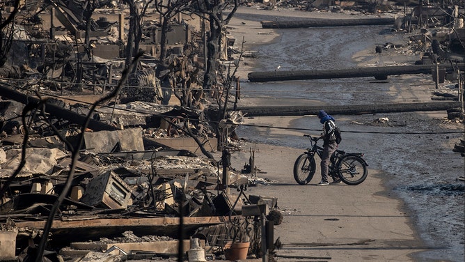 A bicyclist stands amongst Pacific Palisades Bowl Mobile Estates destroyed by the Palisades Fire in Pacific Palisades, Calif., Thursday, Jan. 9, 2025.