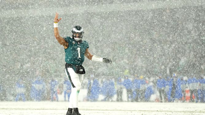 PHILADELPHIA, PENNSYLVANIA - JANUARY 19: Jalen Hurts #1 of the Philadelphia Eagles reacts against the Los Angeles Rams during the fourth quarter in the NFC Divisional Playoff at Lincoln Financial Field on January 19, 2025 in Philadelphia, Pennsylvania.